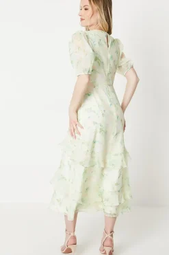 Blush Floral Organza Puff Sleeve Midi Dress