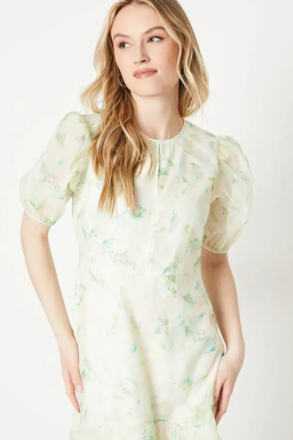 Blush Floral Organza Puff Sleeve Midi Dress