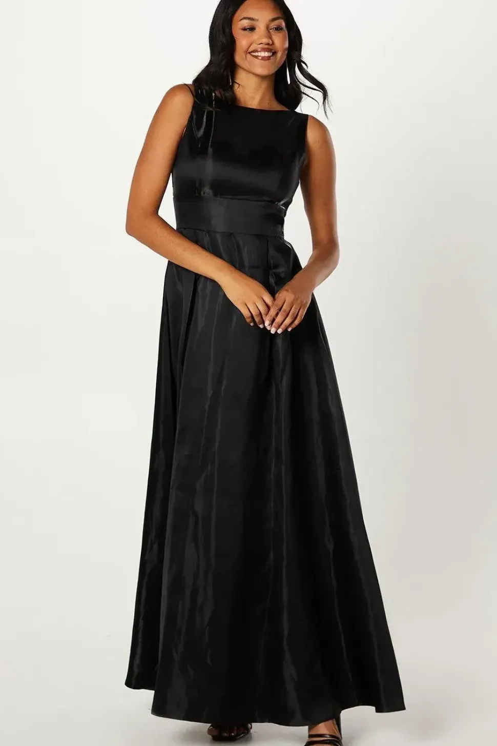Boat Neck Full Skirted Twill Maxi Dress