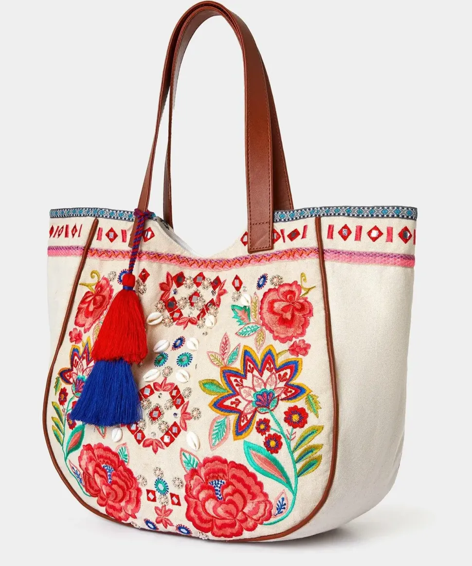 Boho Embroidered Canvas Tote Bag