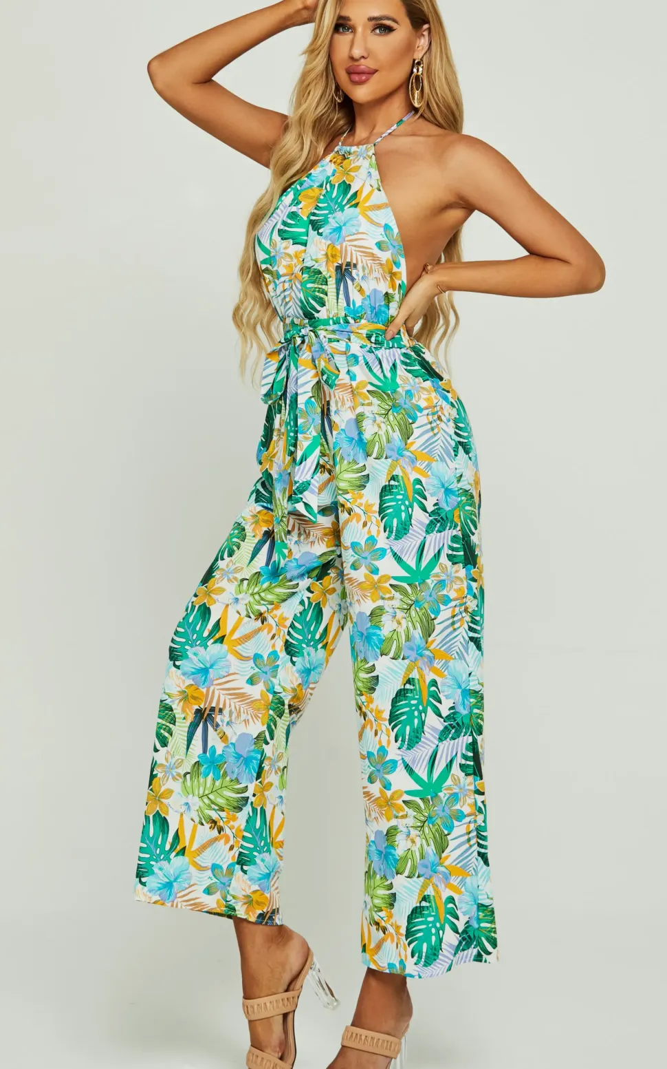 Boho Flora Print Halter Neck Jumpsuit In Green