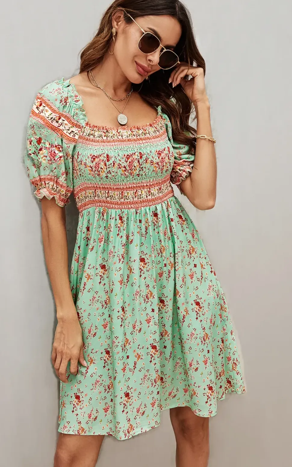 Boho Mini Dress With Pink Floral Print In Mint Green