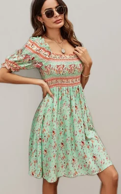 Boho Mini Dress With Pink Floral Print In Mint Green