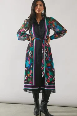Border Print Belted Shirt Midi Dress