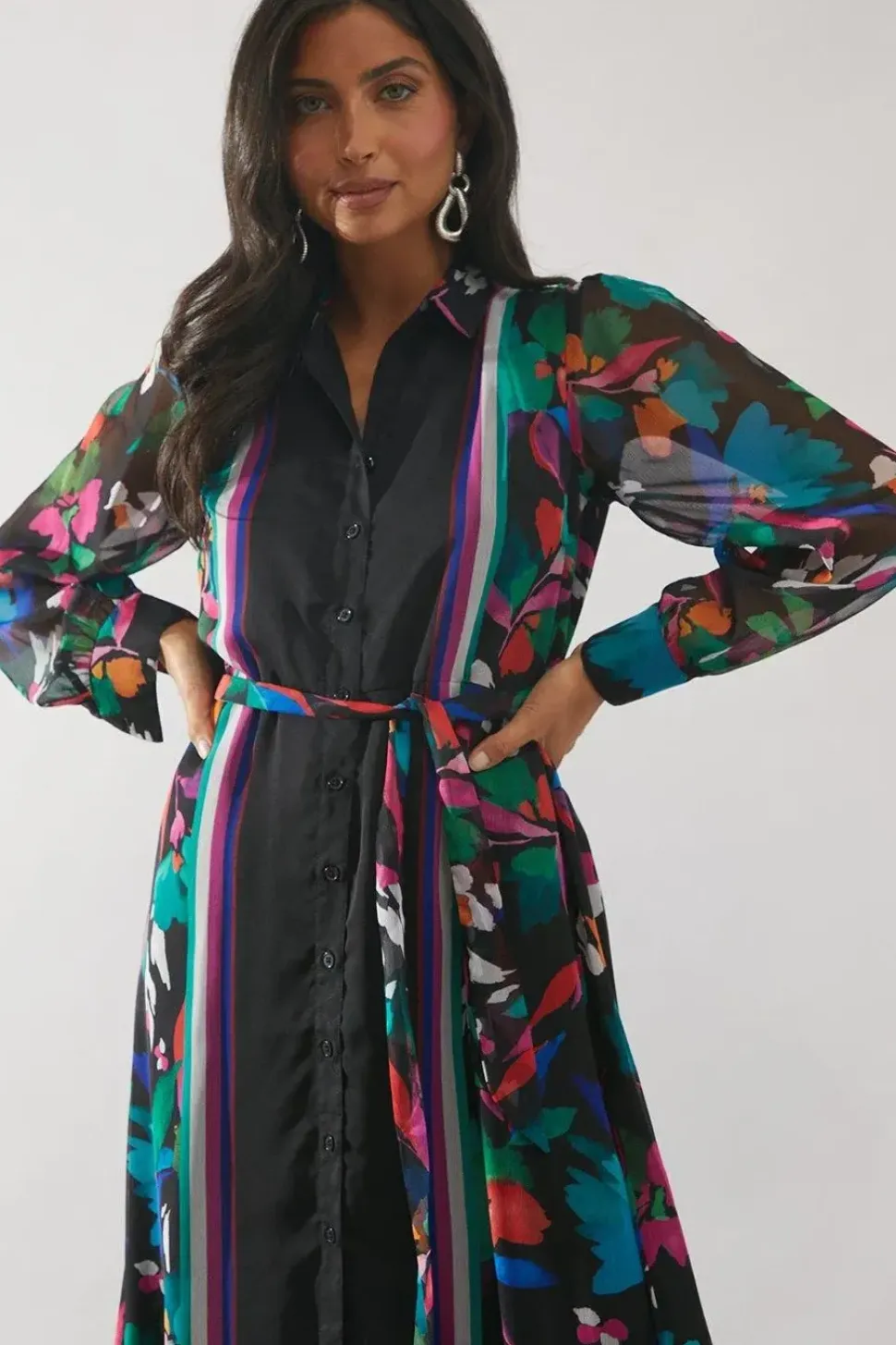 Border Print Belted Shirt Midi Dress
