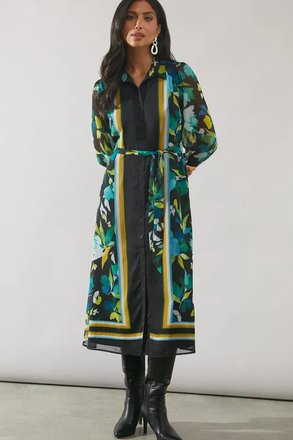 Border Print Belted Shirt Midi Dress