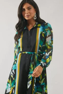 Border Print Belted Shirt Midi Dress
