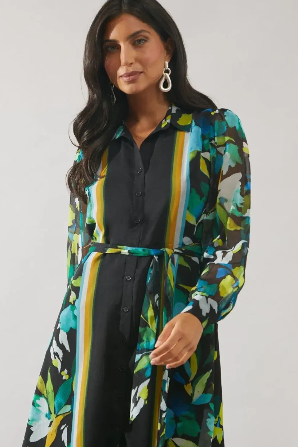Border Print Belted Shirt Midi Dress