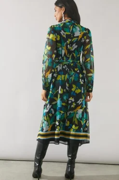 Border Print Belted Shirt Midi Dress
