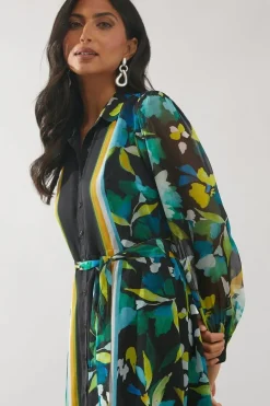 Border Print Belted Shirt Midi Dress