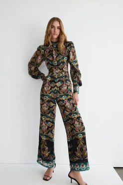 Border Print Chiffon Jacquard Jumpsuit