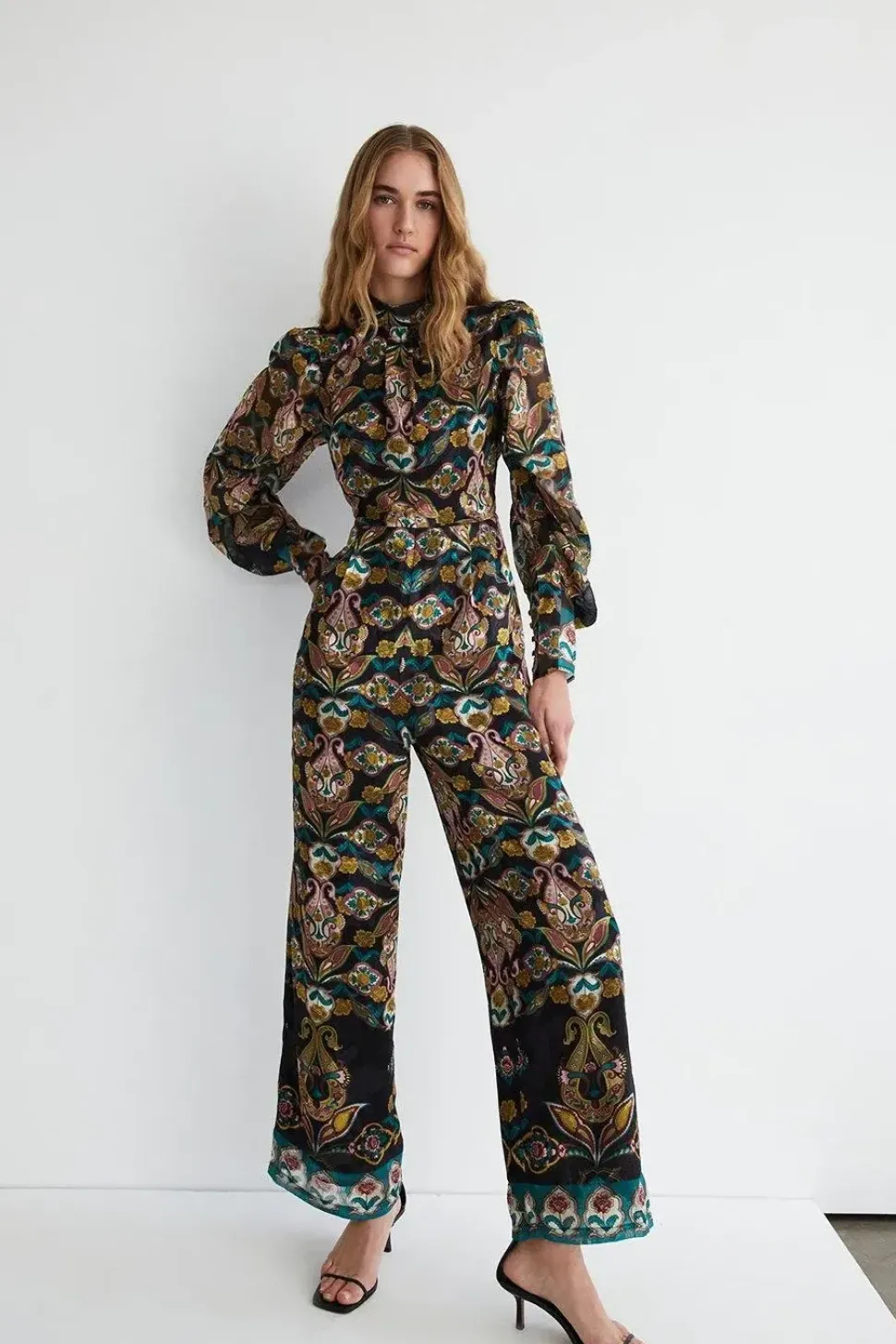Border Print Chiffon Jacquard Jumpsuit