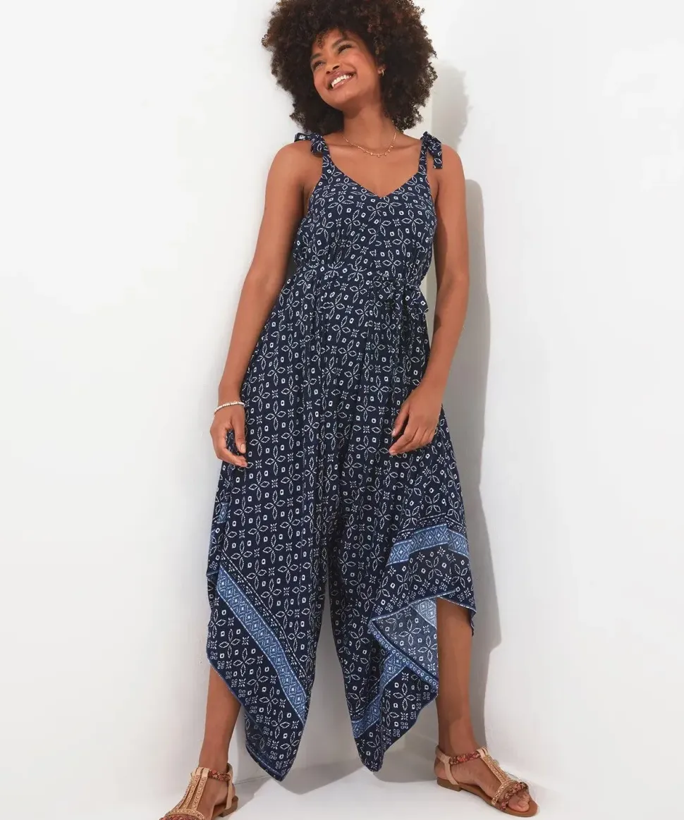 Border Print Hareem Leg Oversized Halterneck Jumpsuit