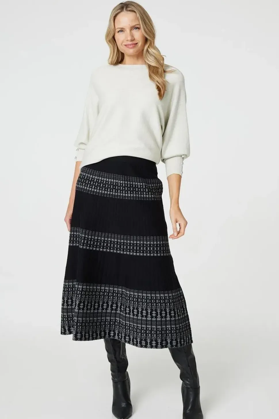Border Print Knit High Waist Midi Skirt