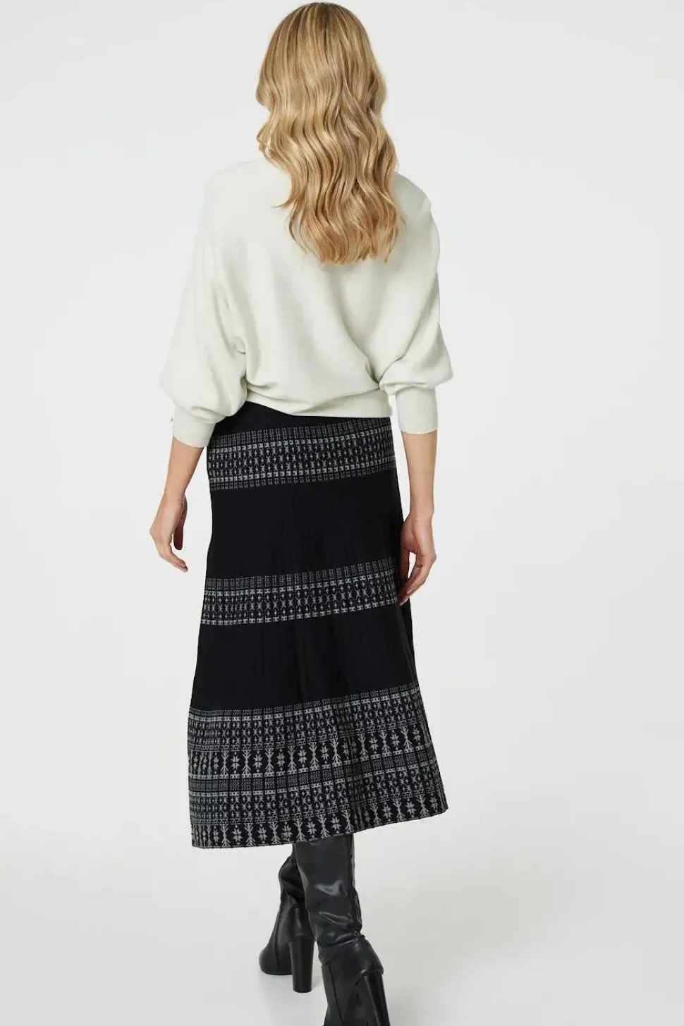 Border Print Knit High Waist Midi Skirt