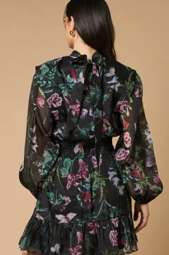Border Print Organza Shirred Waist Tie Back Mini Dress