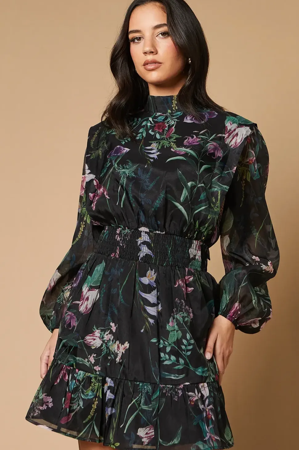 Border Print Organza Shirred Waist Tie Back Mini Dress