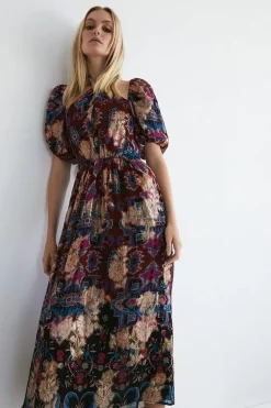 Border Print Twist Neck Halter Midi Dress
