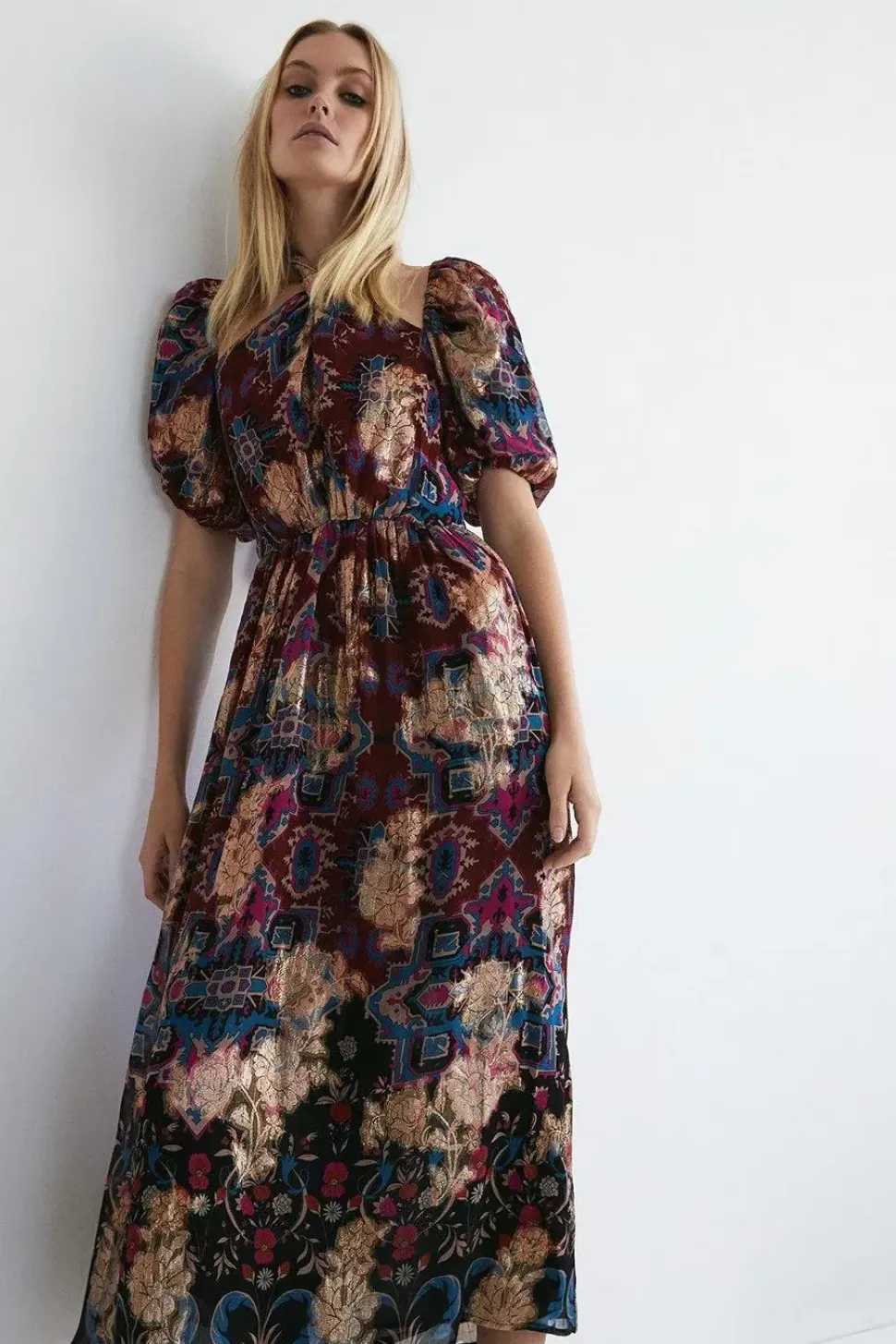 Border Print Twist Neck Halter Midi Dress