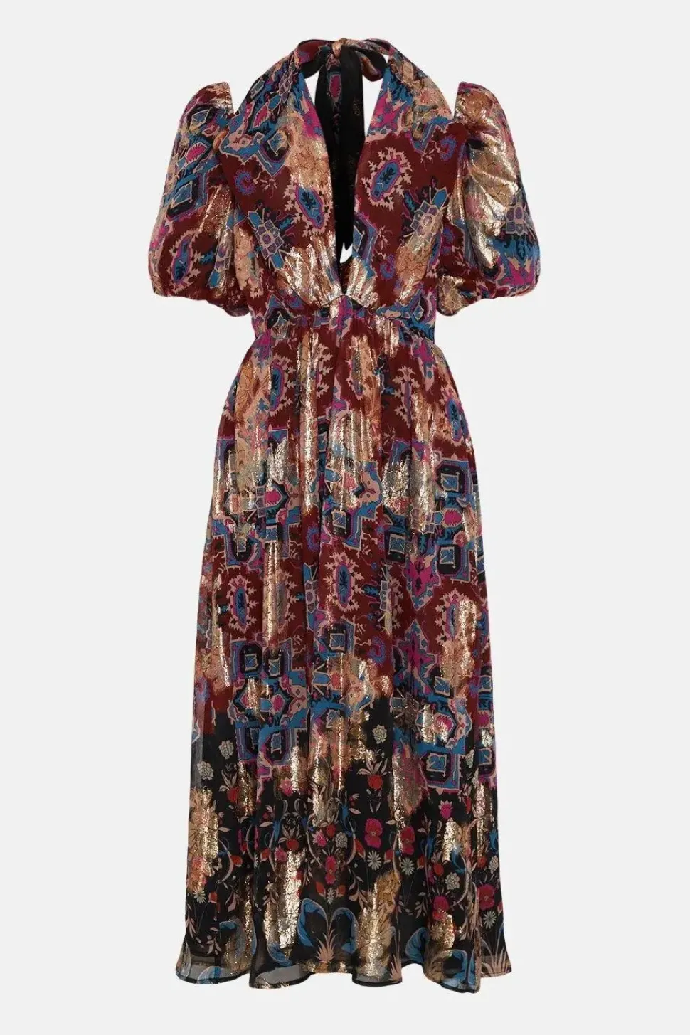 Border Print Twist Neck Halter Midi Dress
