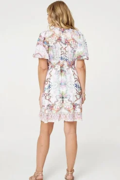 Border Print V-Neck Empire Mini Dress