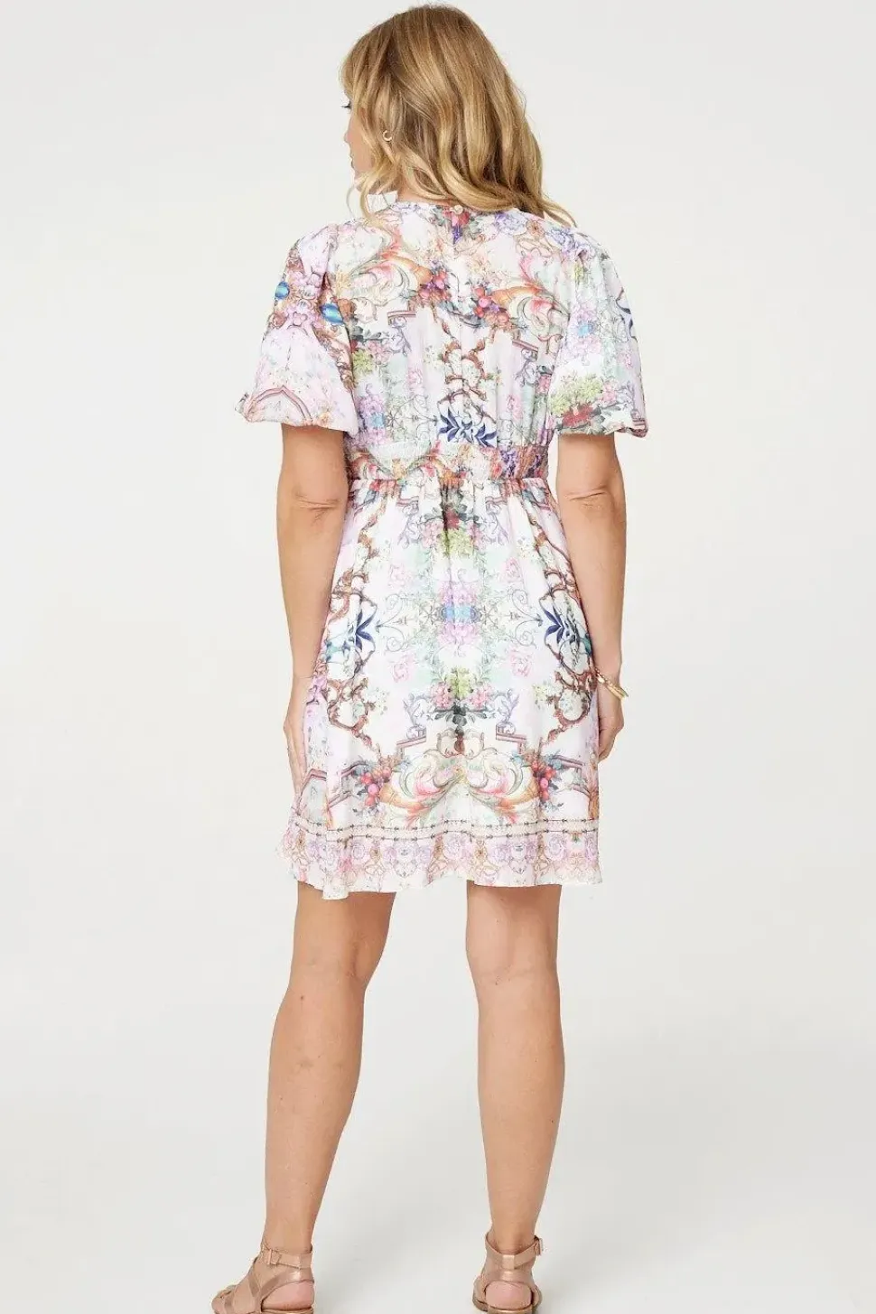 Border Print V-Neck Empire Mini Dress