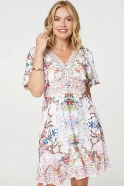 Border Print V-Neck Empire Mini Dress