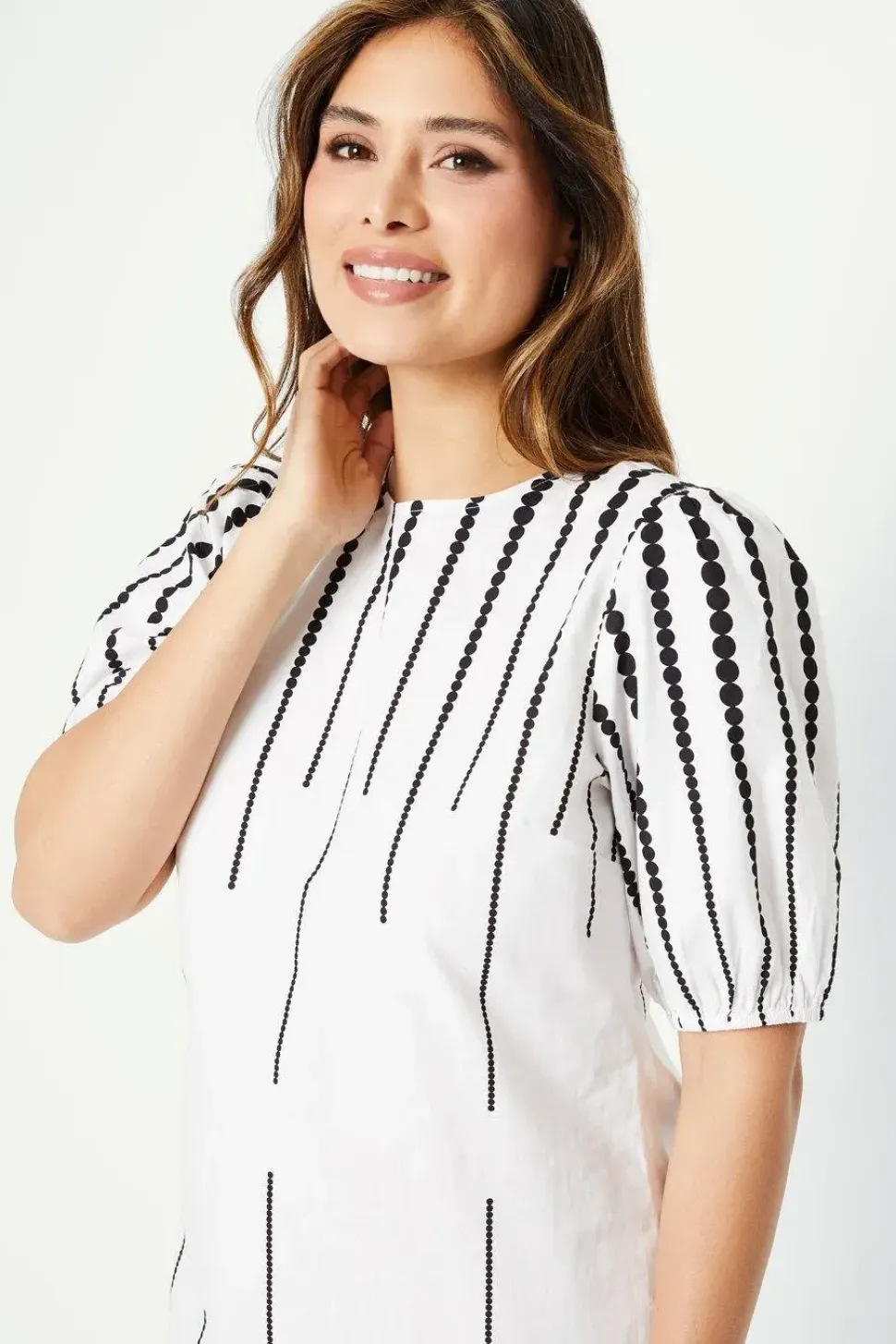 Border Spot Print Puff Sleeve Shift Dress