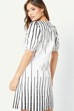 Border Spot Print Puff Sleeve Shift Dress