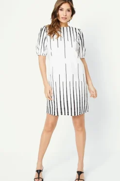 Border Spot Print Puff Sleeve Shift Dress