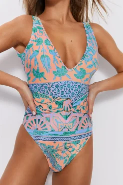 Border Tile Print Belted Plunge Swimsuit