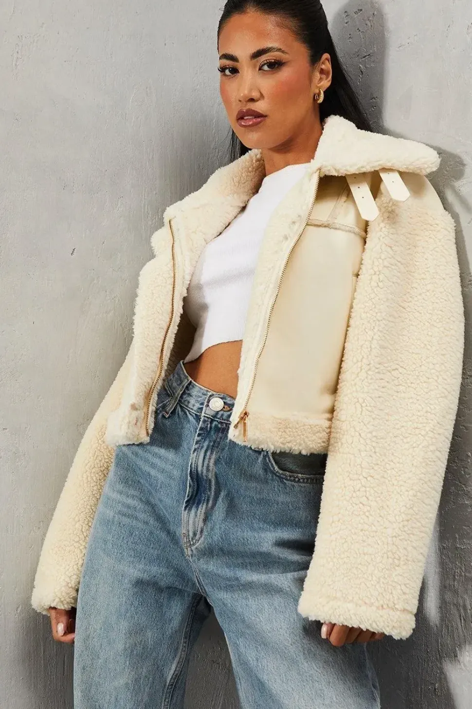 Borg Buckle Detail Cropped Aviator Jacket