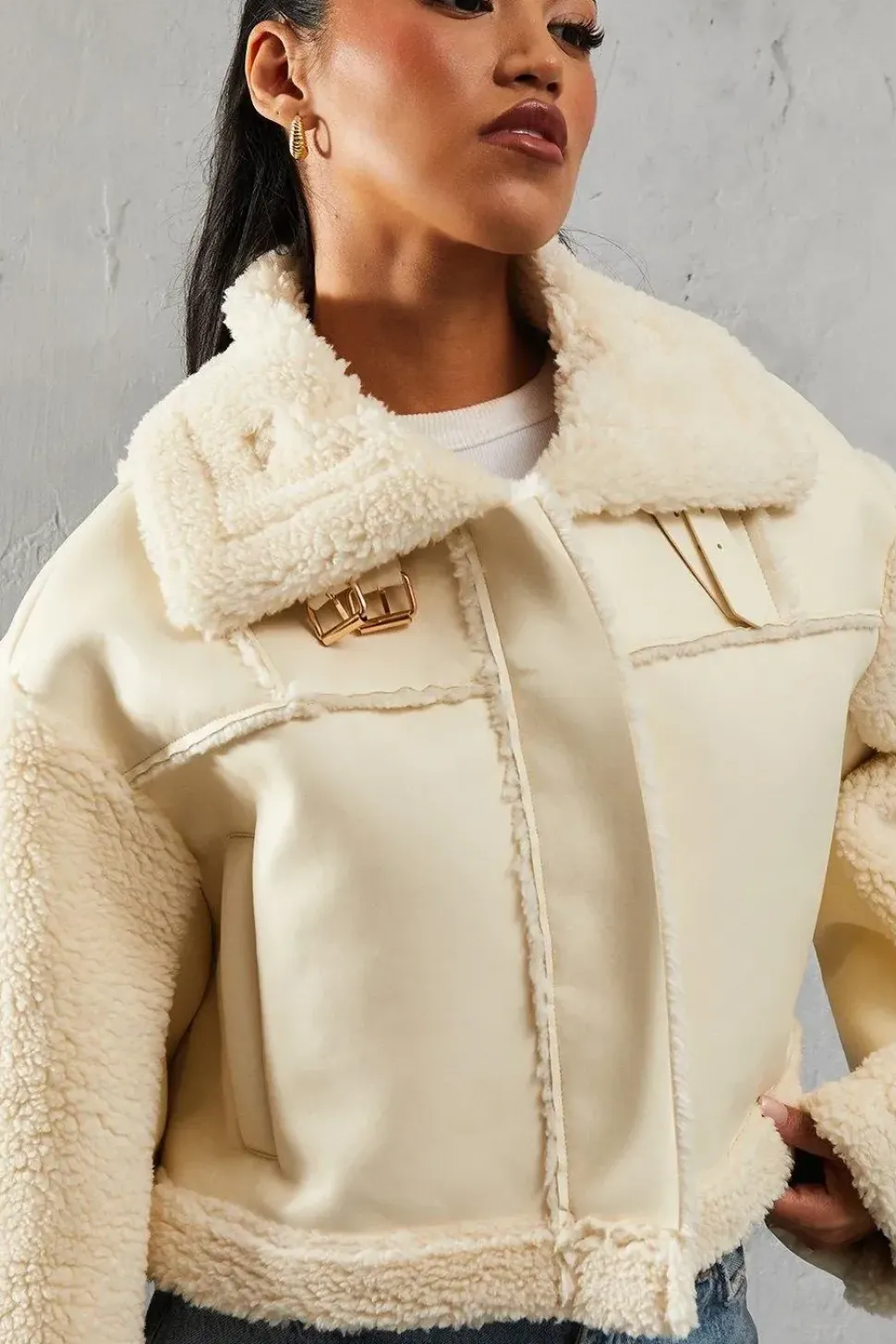 Borg Buckle Detail Cropped Aviator Jacket