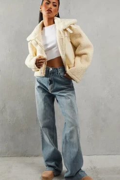 Borg Buckle Detail Cropped Aviator Jacket