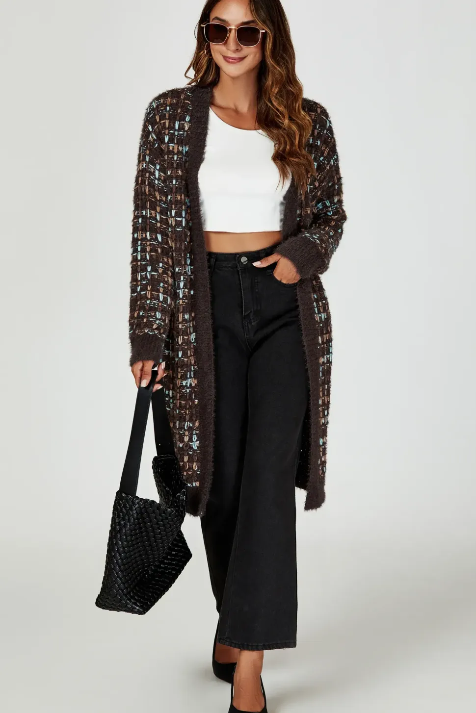 Boucle Check Cardigan With Multicolour Speckles