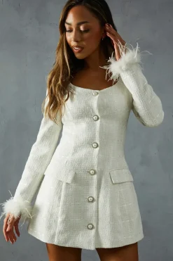 Boucle Feather Trim A-Line Mini Dress