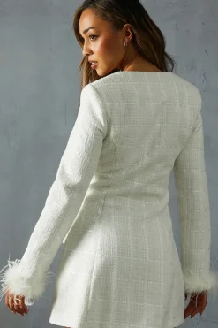 Boucle Feather Trim A-Line Mini Dress