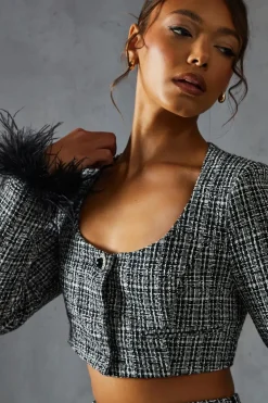 Boucle Feather Trim Cropped Jacket