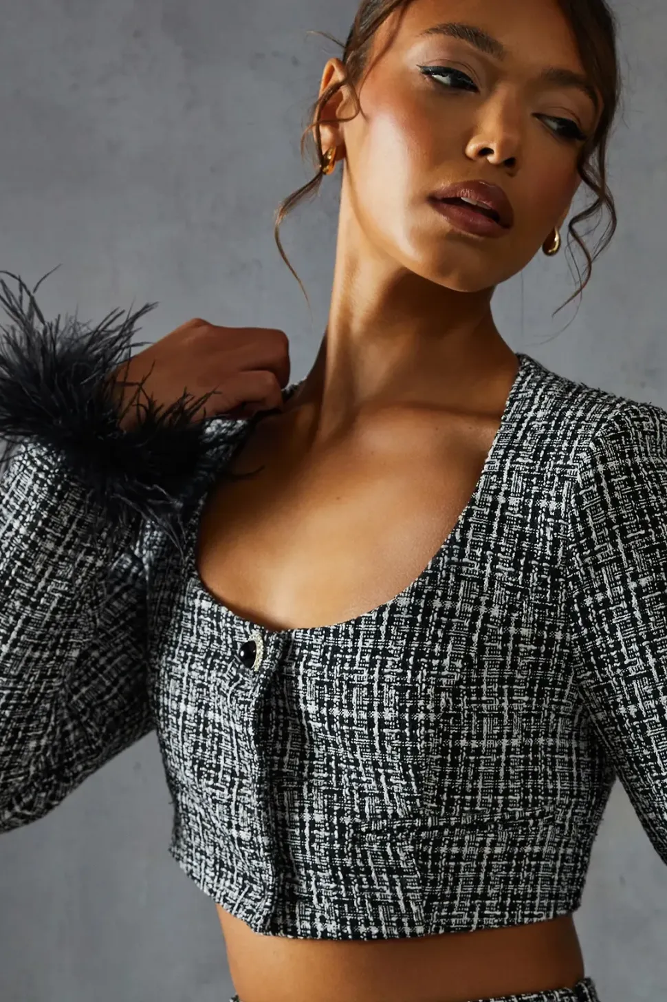 Boucle Feather Trim Cropped Jacket