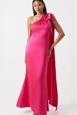 Bow And Drape Detail One Shoulder Satin Bridesmaid Dress