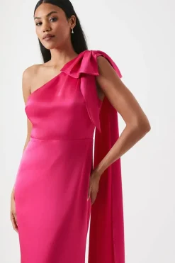 Bow And Drape Detail One Shoulder Satin Bridesmaid Dress