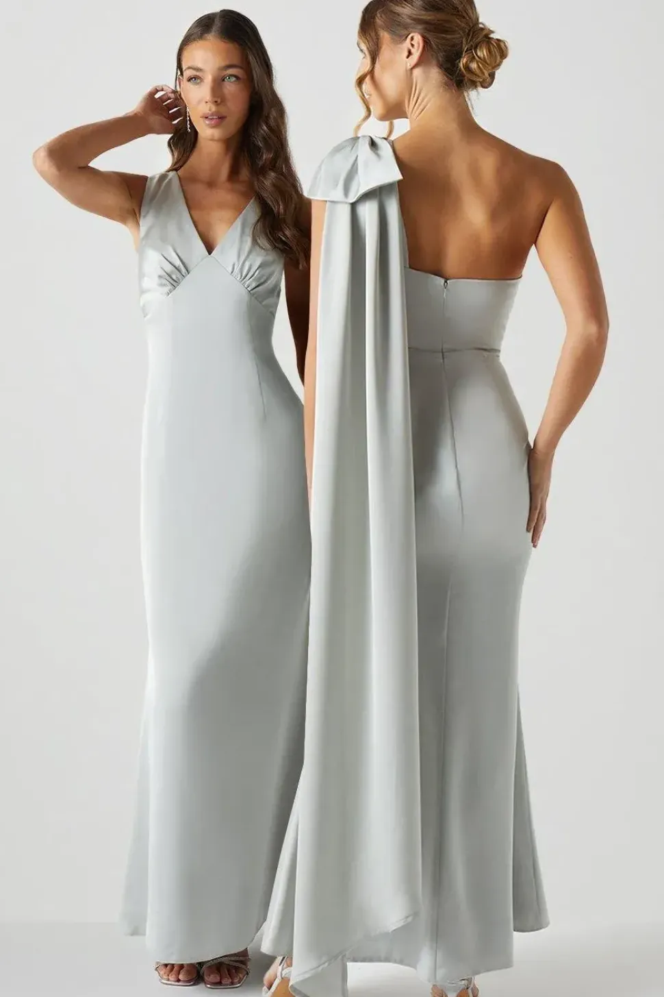 Bow And Drape Detail One Shoulder Satin Bridesmaid Dress
