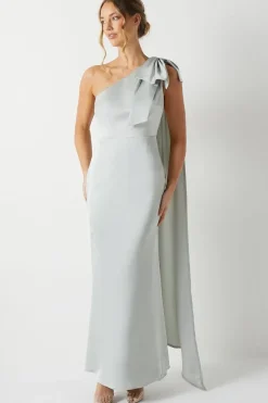Bow And Drape Detail One Shoulder Satin Bridesmaid Dress