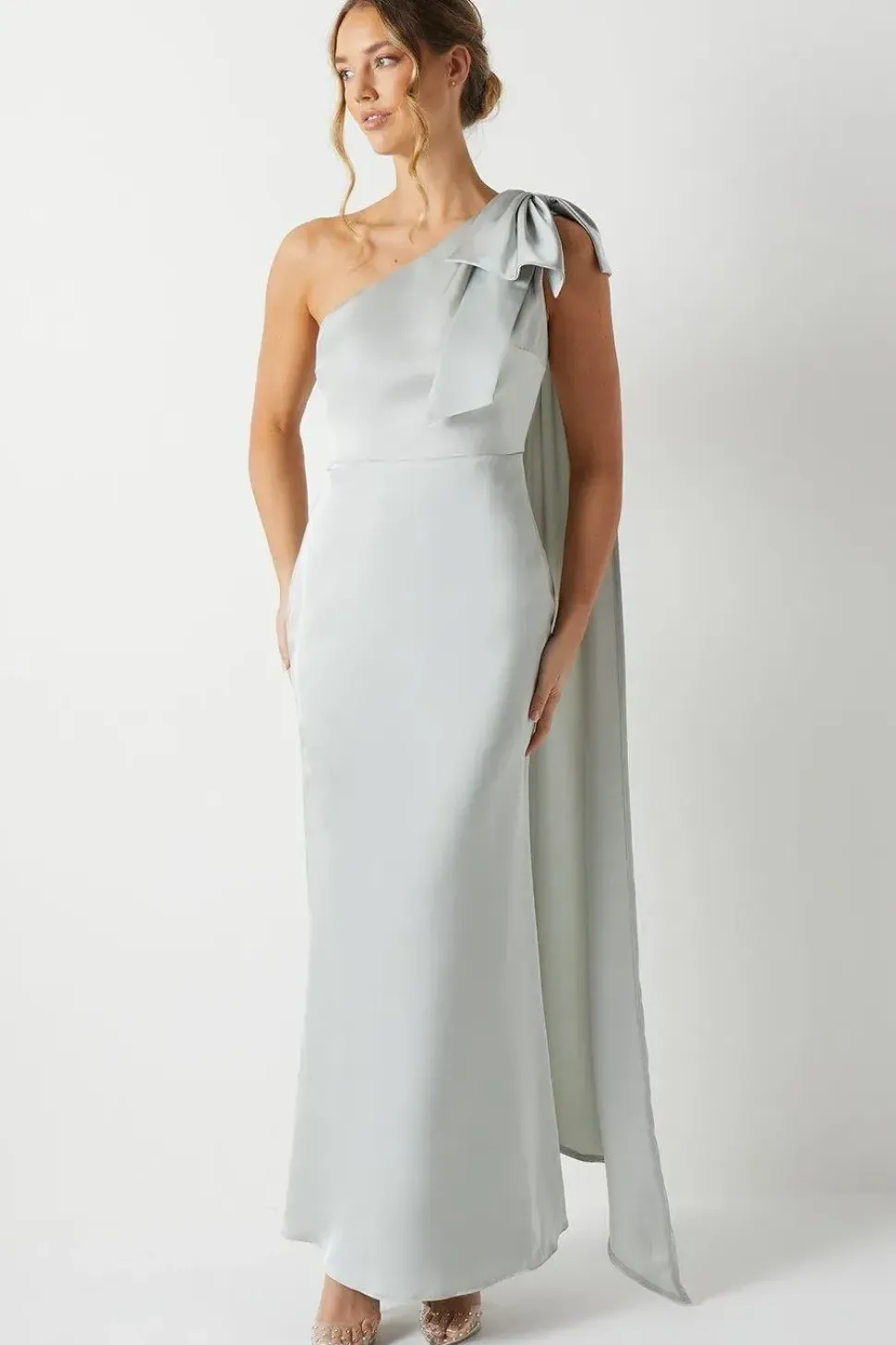 Bow And Drape Detail One Shoulder Satin Bridesmaid Dress