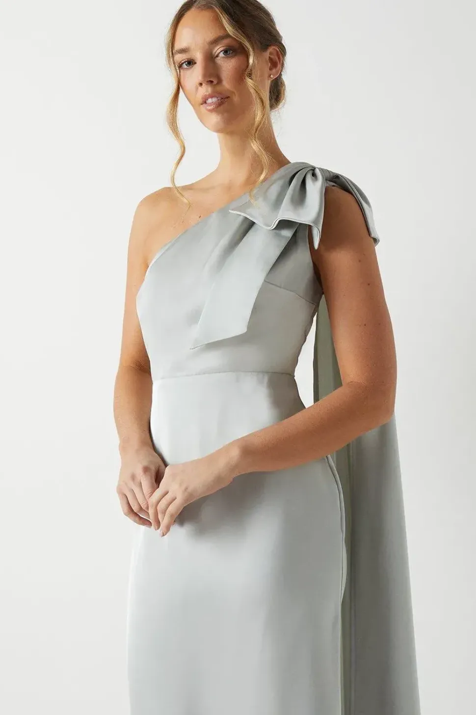 Bow And Drape Detail One Shoulder Satin Bridesmaid Dress