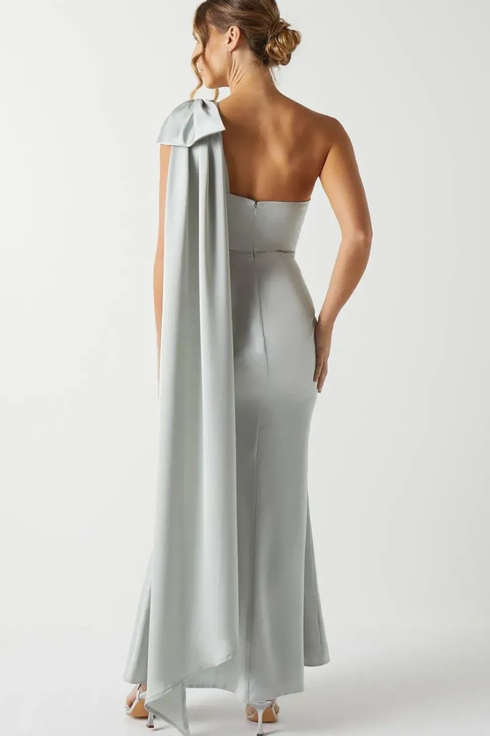 Bow And Drape Detail One Shoulder Satin Bridesmaid Dress