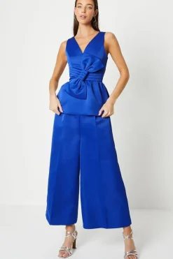 Bow And Pleat Structured Satin Peplum Top