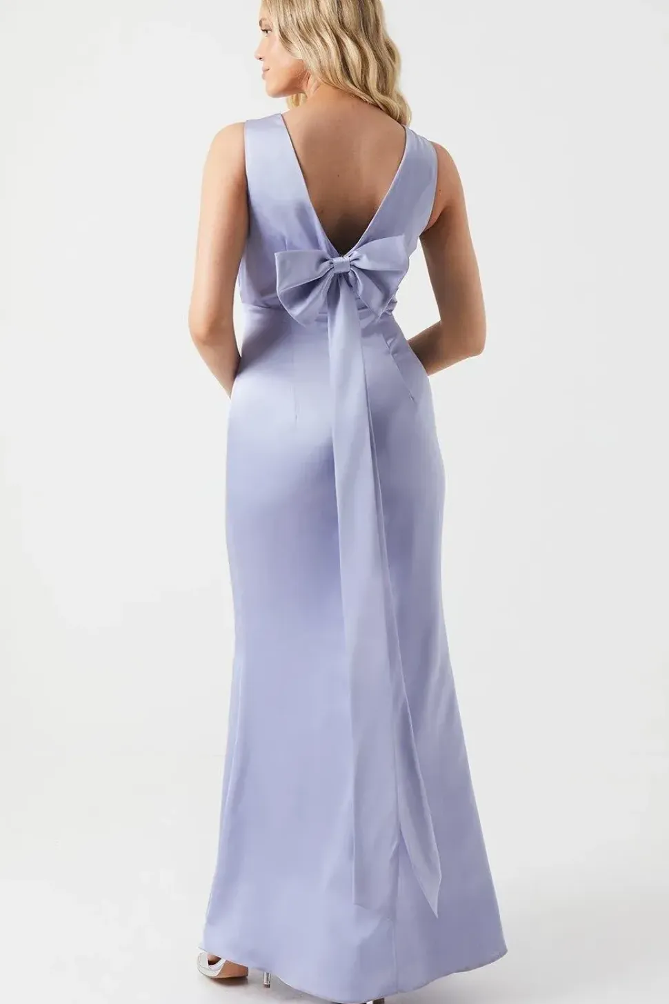 Bow Back V Neck Satin Bridesmaid Dress