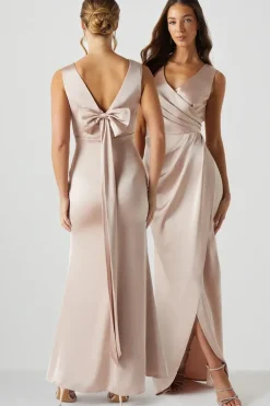 Bow Back V Neck Satin Bridesmaid Dress