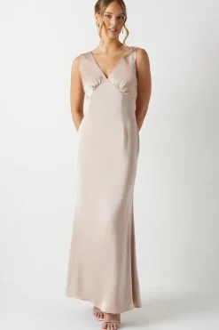 Bow Back V Neck Satin Bridesmaid Dress